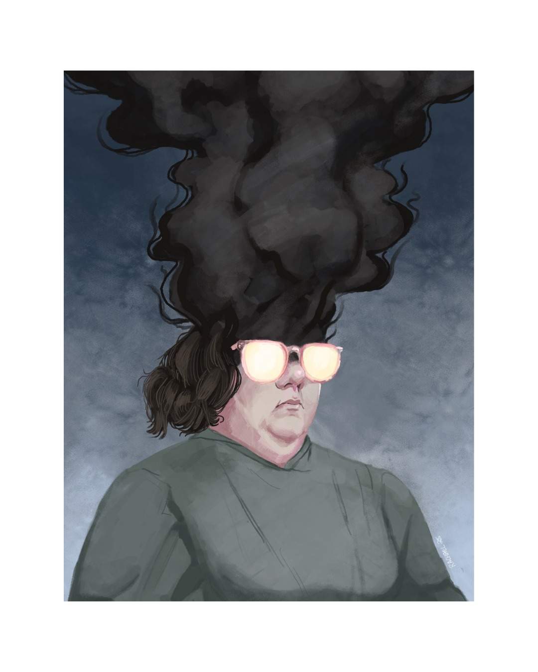 A person in a green shirt with glowing glasses; a dark plume of smoke rises from their head.