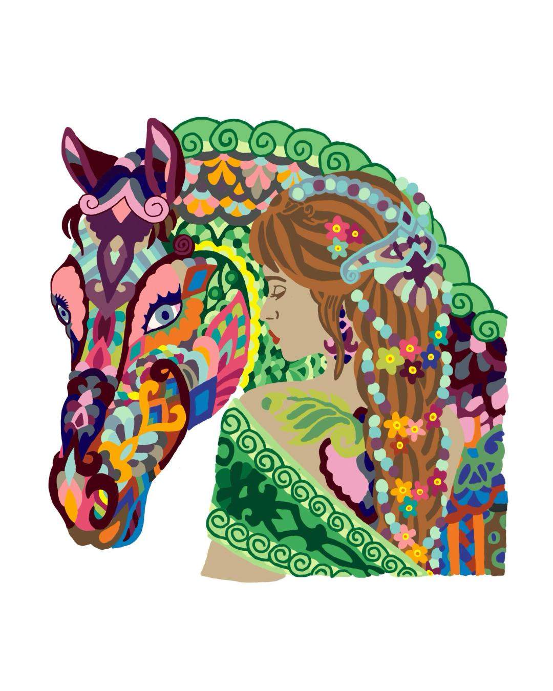 A horse beside a woman with flowing hair, filled with intricate green, pink, orange, and blue patterns.