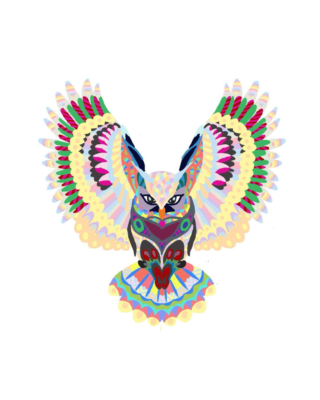 A colorful owl with wings spread upward, filled with bright repeated shapes and patterns.