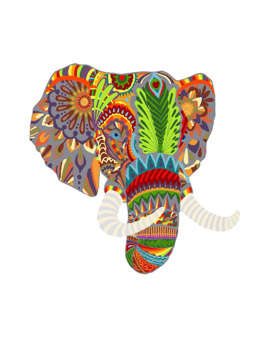 A front-facing elephant with white tusks, filled with vivid flowers, stripes, and geometric patterns.
