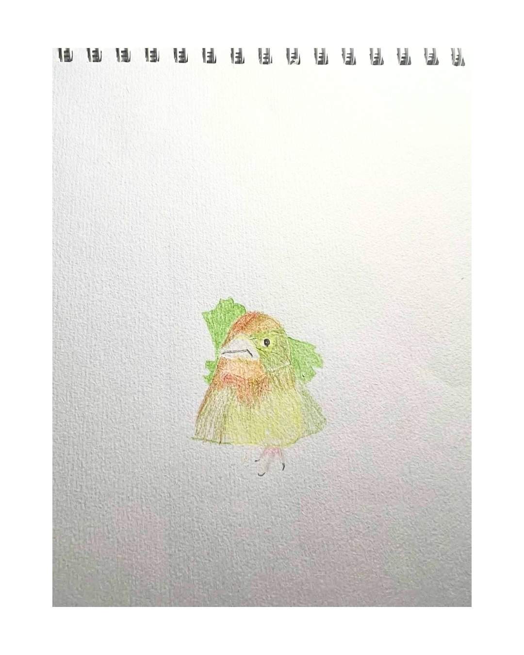 A small bird drawn on a sketchbook page, with green leaves forming a cape around its head and shoulders.