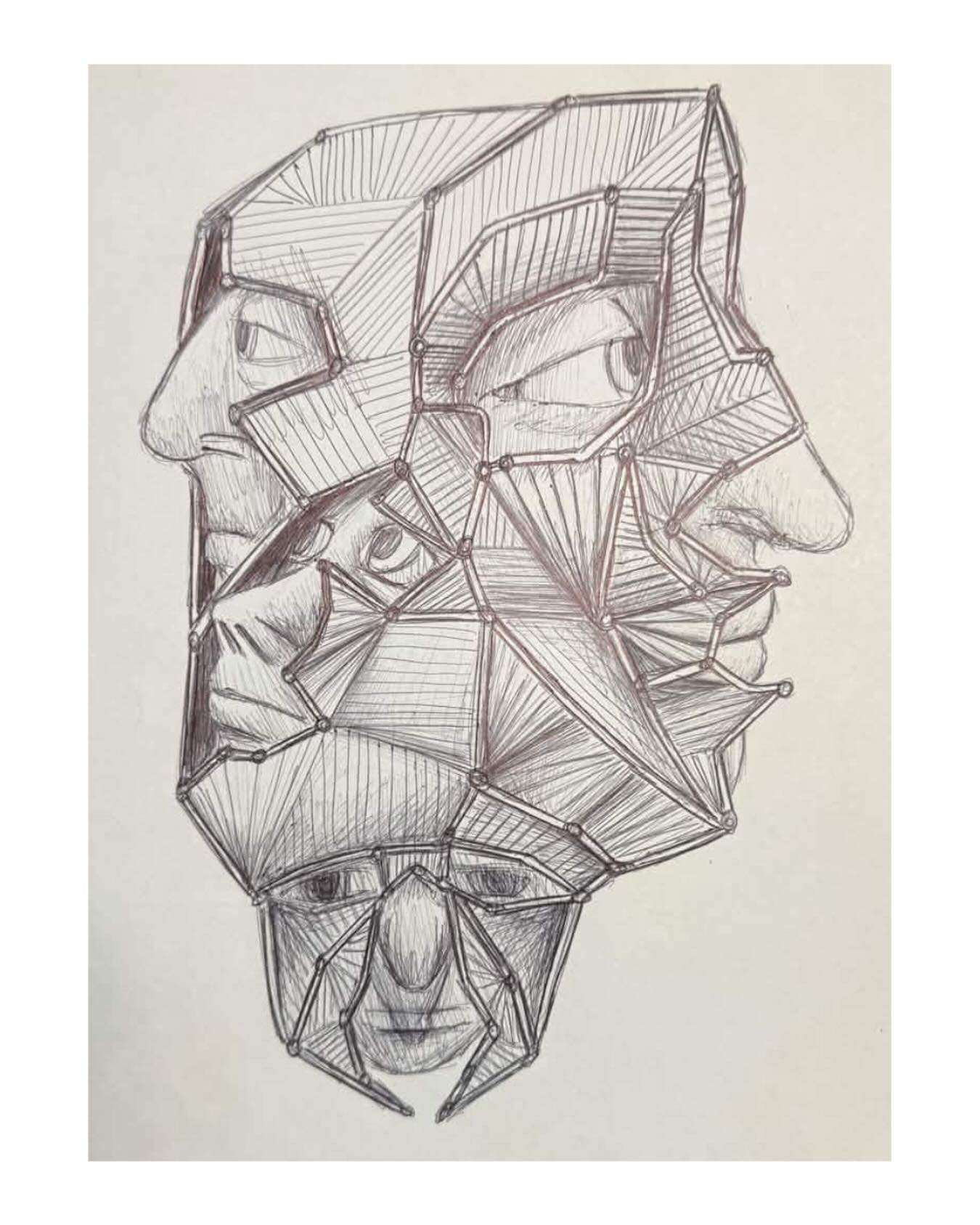 Several overlapping faces drawn in angular geometric planes, with fine hatching on light paper.