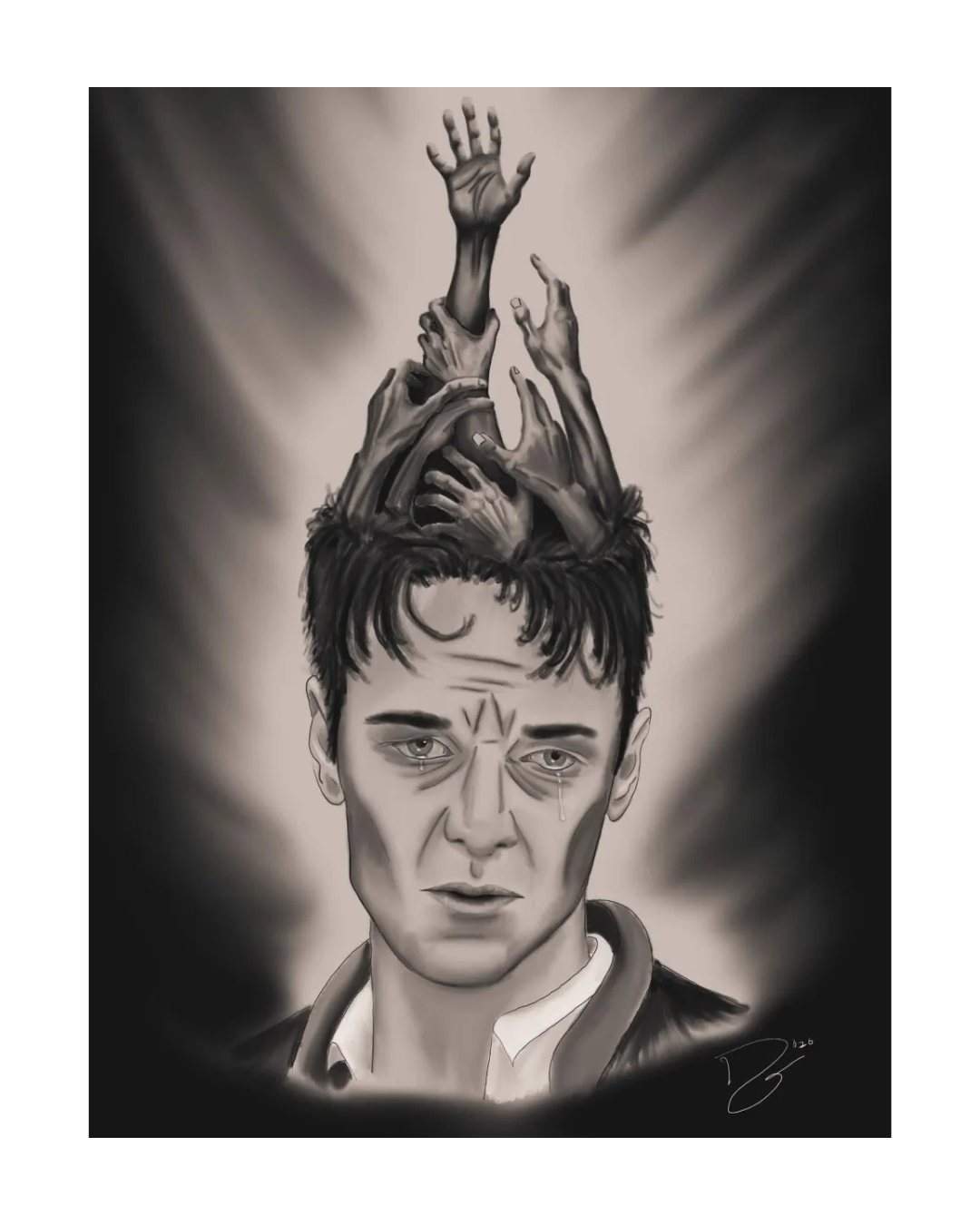 A monochrome portrait of a man with many arms and hands reaching upward from the top of his head.