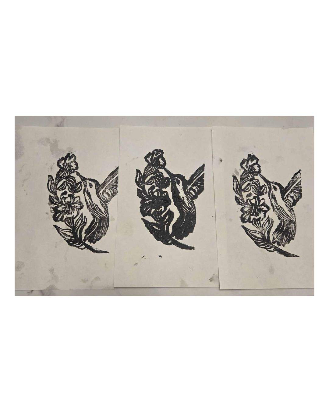 Three black linocut impressions of a hummingbird beside flowers, with variations in the ink coverage.