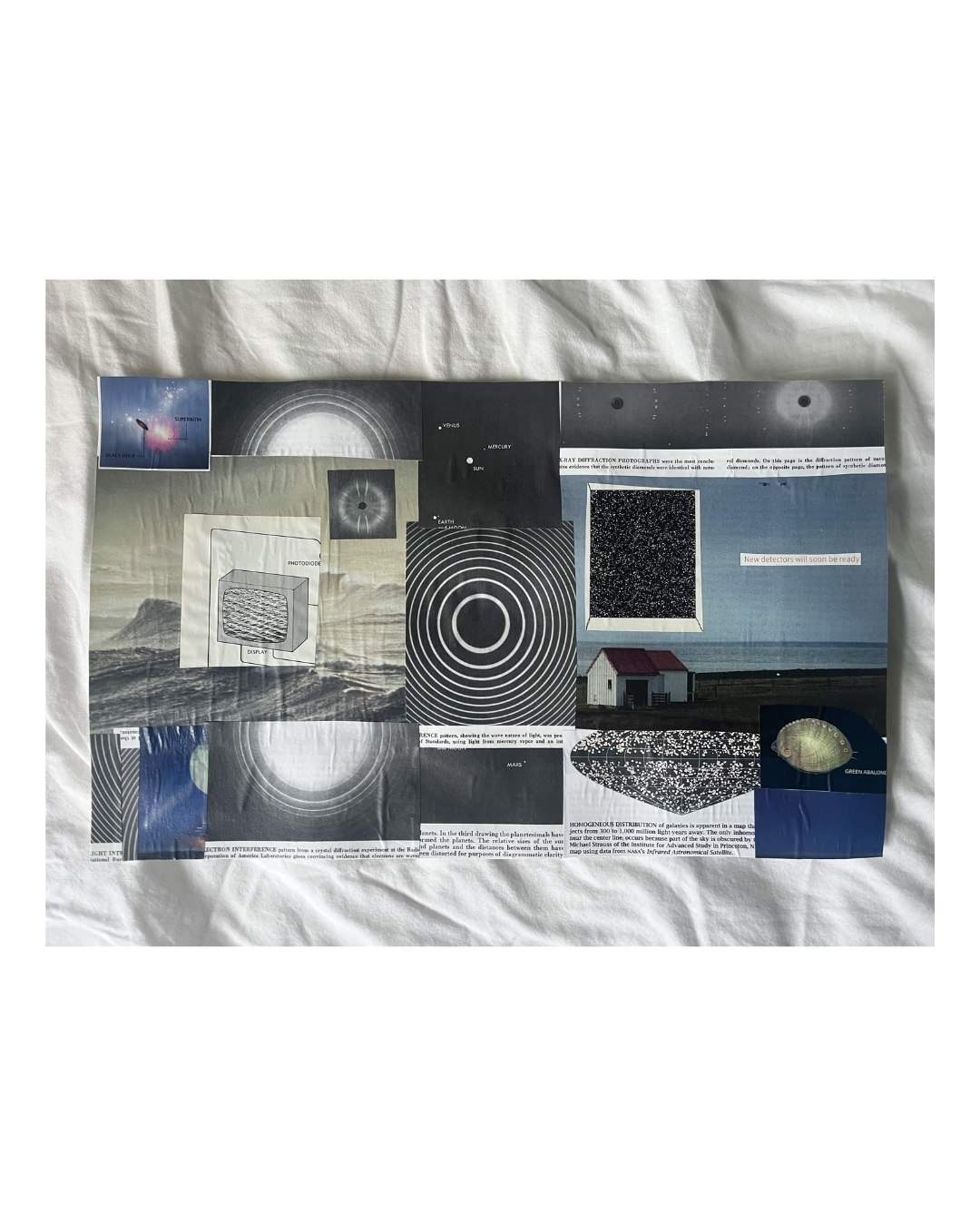 A rectangular collage of concentric circles, static-like patterns, text fragments, and a small house beneath a blue-gray sky.
