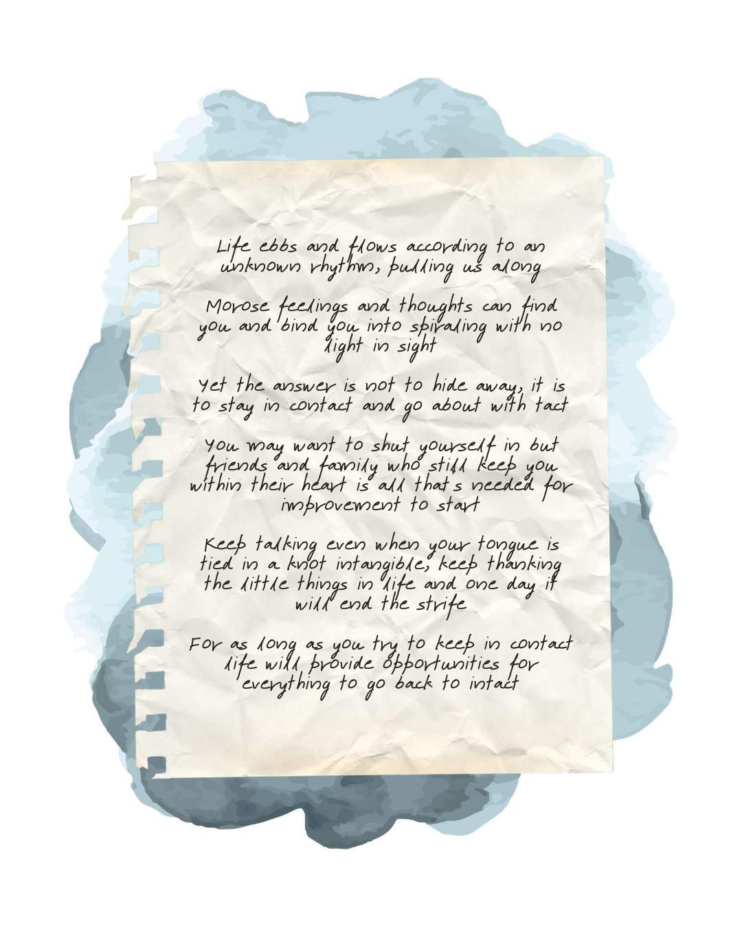 A poem about connection and life’s changing rhythms, presented in handwritten-style text on a paper motif over a blue background.