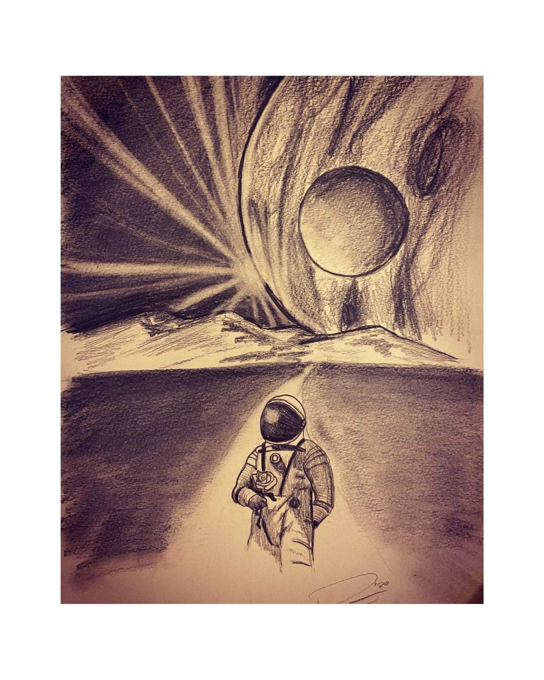 A sepia-toned drawing of an astronaut in a rocky landscape beneath two enormous celestial forms and beams of light.
