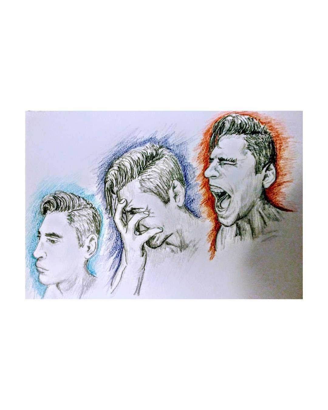 Three drawn male faces in profile and three-quarter view, each with a different expression and a halo of blue, violet, or orange.