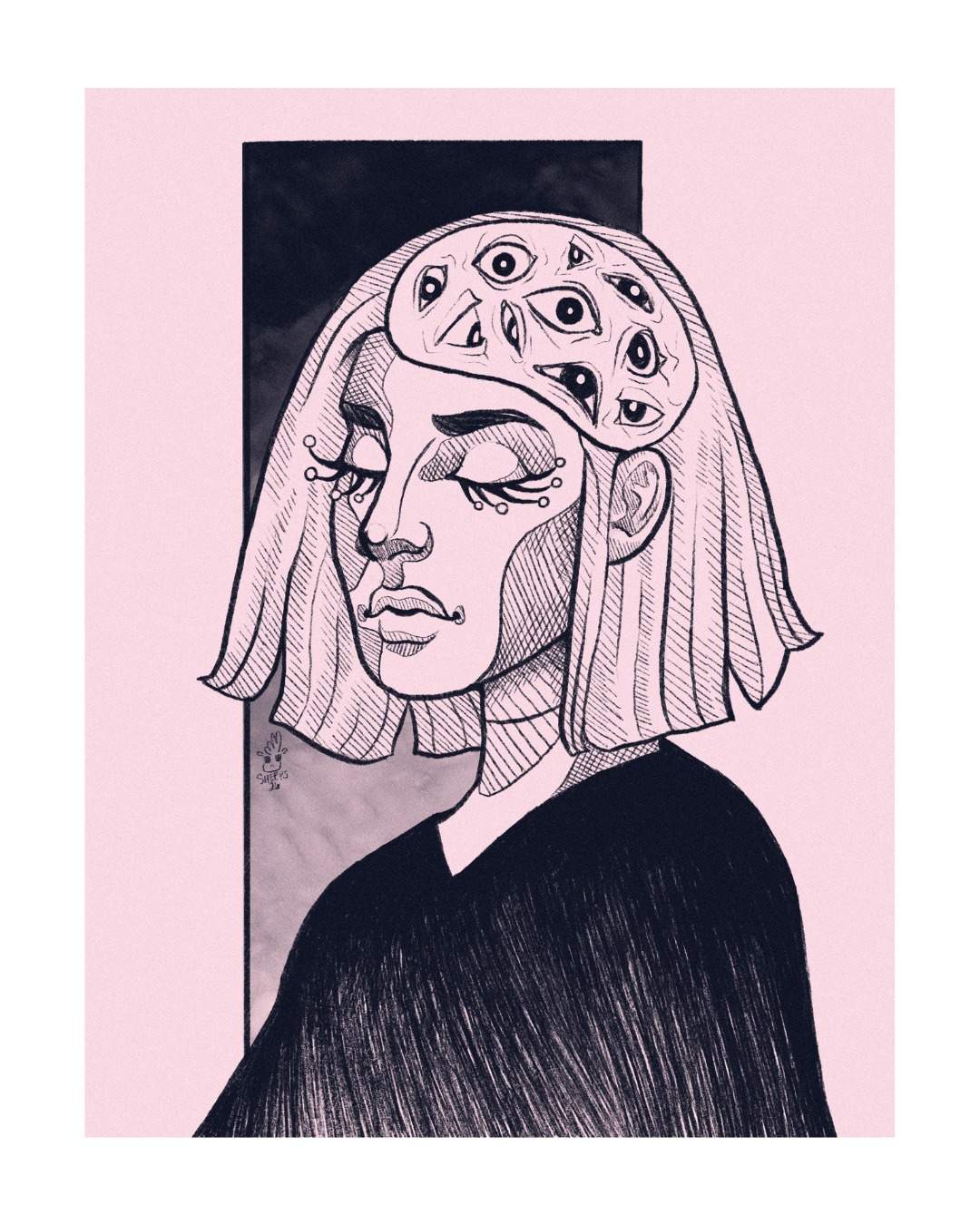 A black-line portrait on pink, with a cluster of eyes at the top of the head and tears below the figure’s closed eyes.